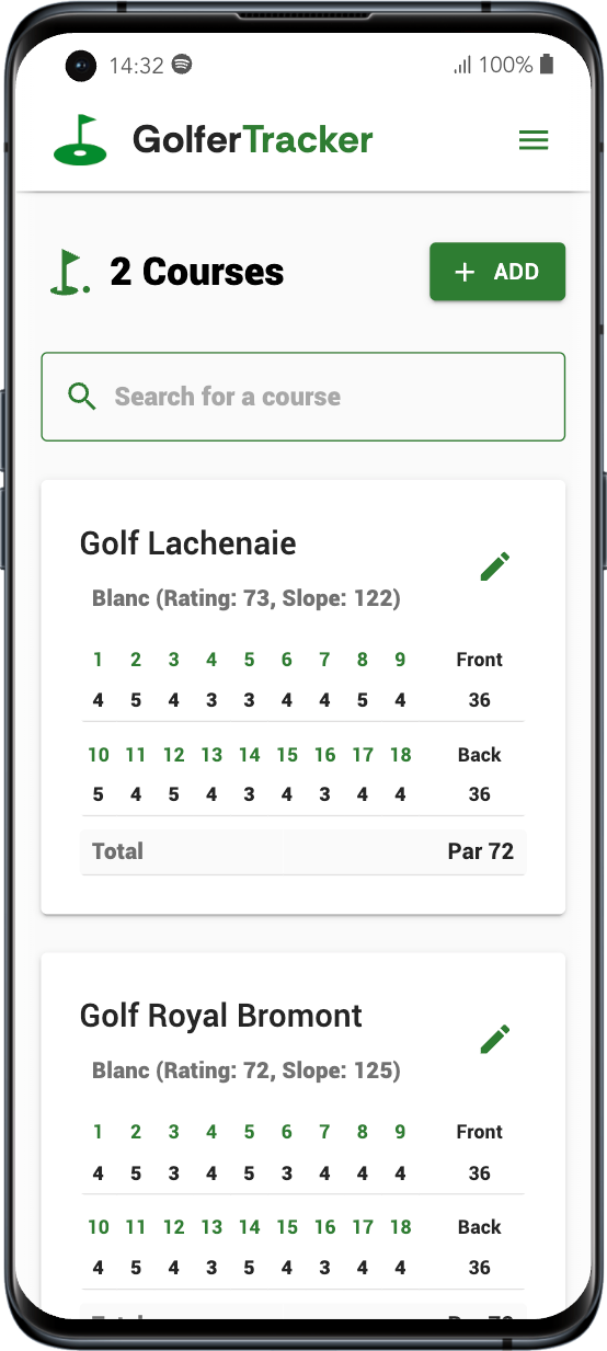 GolferTracker application displaying a list of golf courses with filters, search, and detailed information including hole scores and total Par.