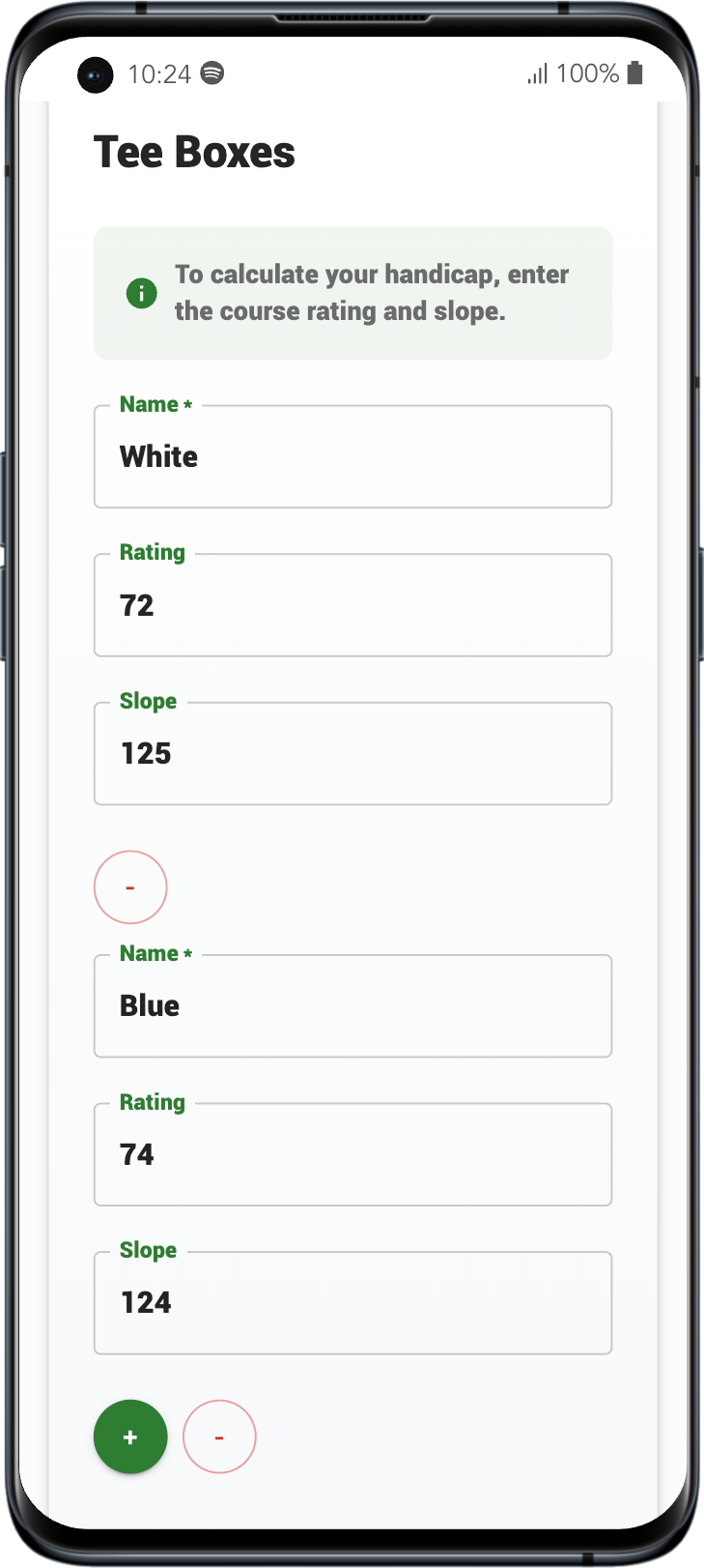 Tee management interface in the GolferTracker application, showing two tees markers (White and Blue) with rating, slope, and buttons to add or remove tees.