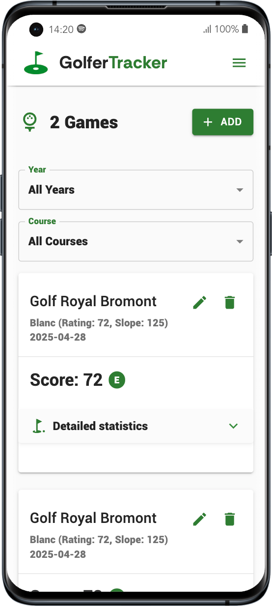 GolferTracker application displaying a list of golf games with filters by year and course, information about the course, score, and detailed statistics.