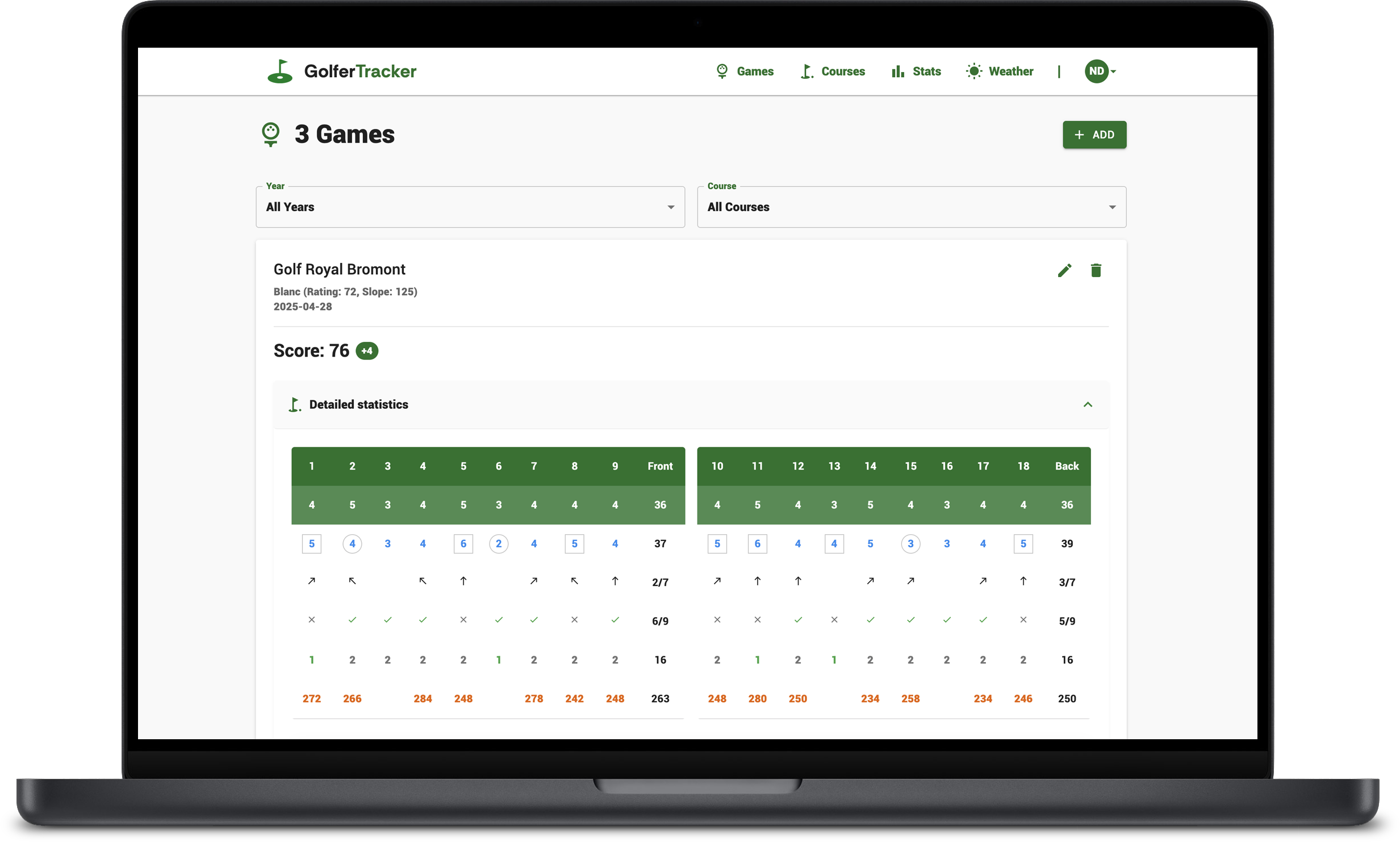 GolferTracker application interface displaying details of 3 golf games.